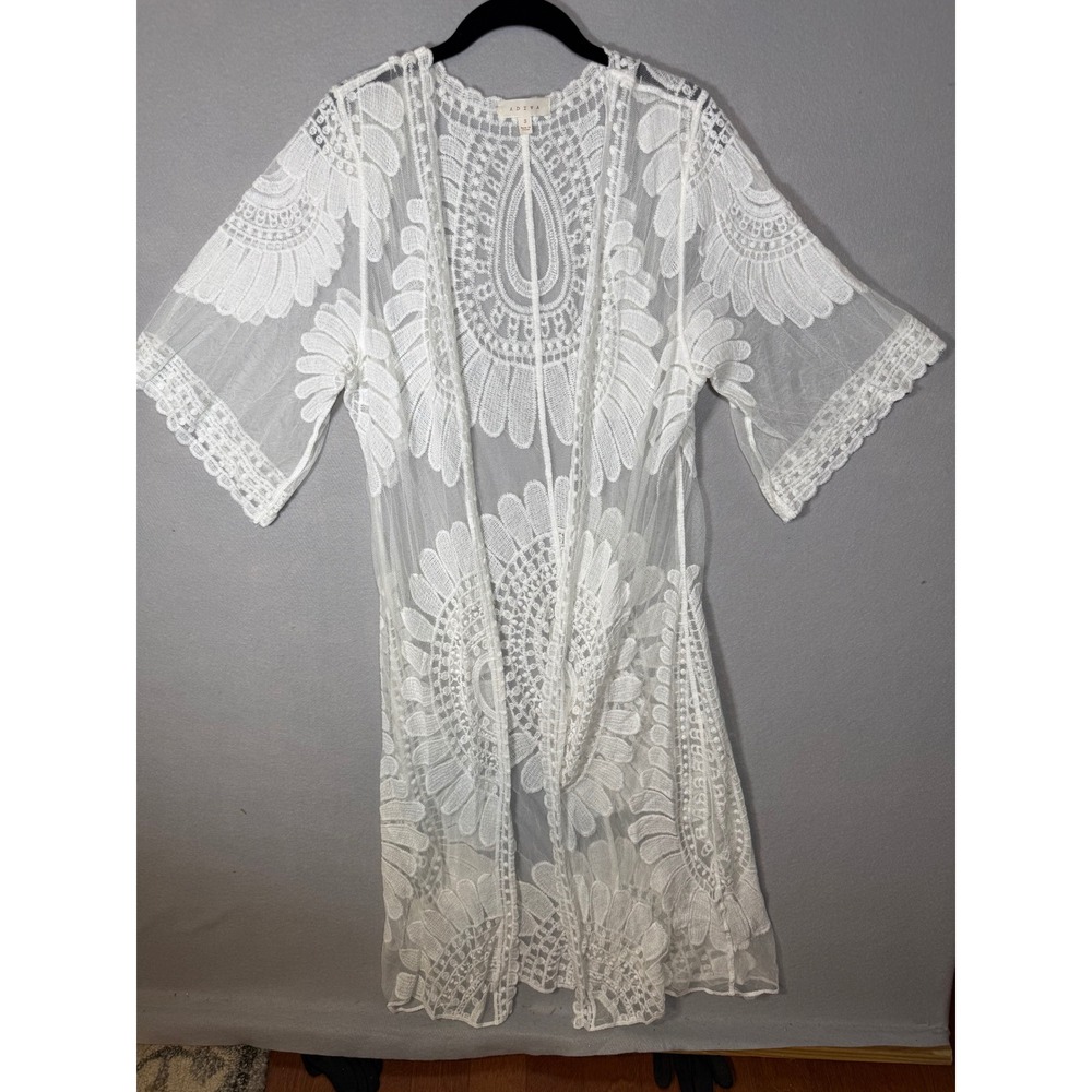Adiva White Sheer Lace Kimono Cardigan Open Front Duster Boho Floral Flirty Sm